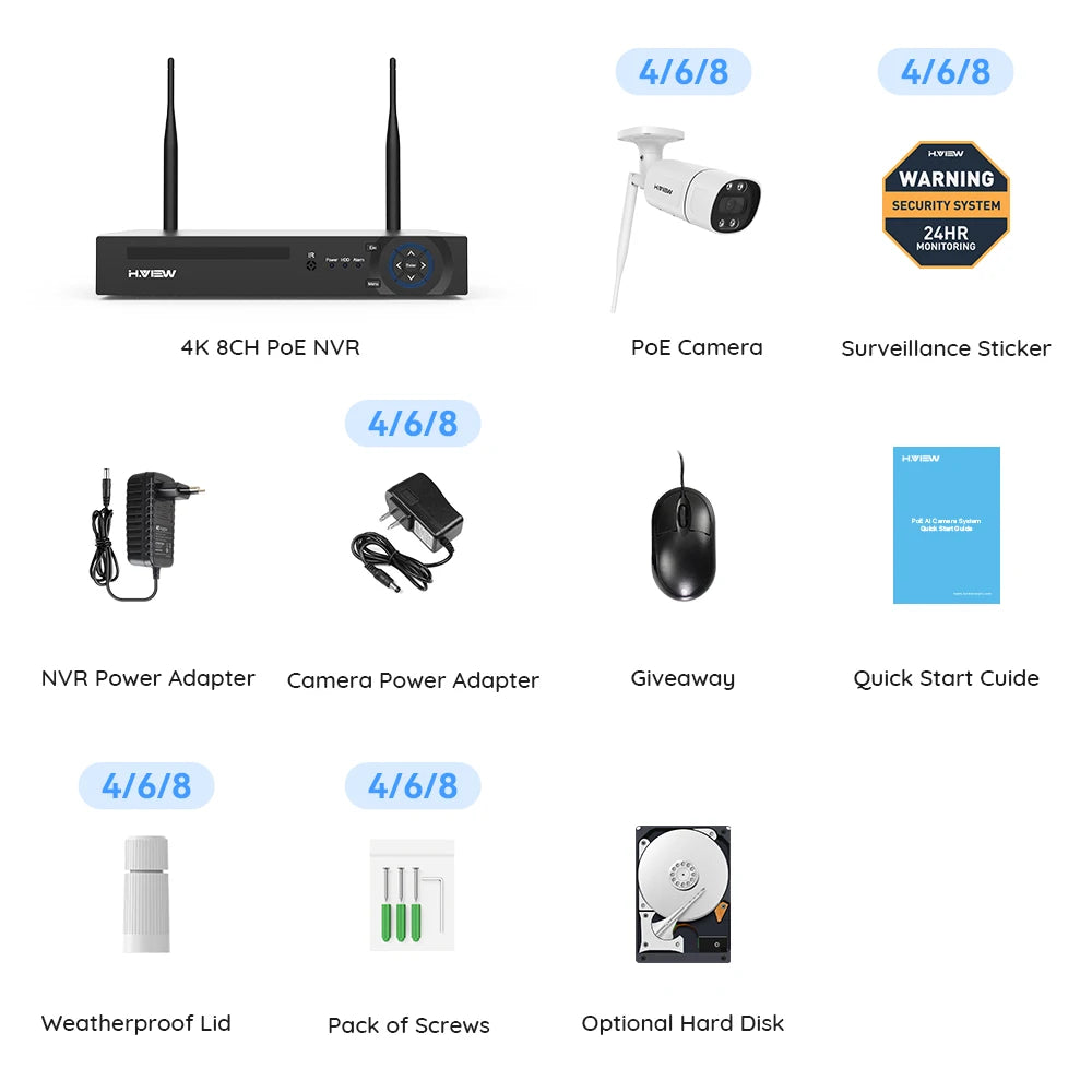 H.view 8CH 5MP Wireless 2.4GHz Wifi Camera Security System CCTV Camera Video Surveillance Kit NVR Indoor Outdoor Two-Way Audio