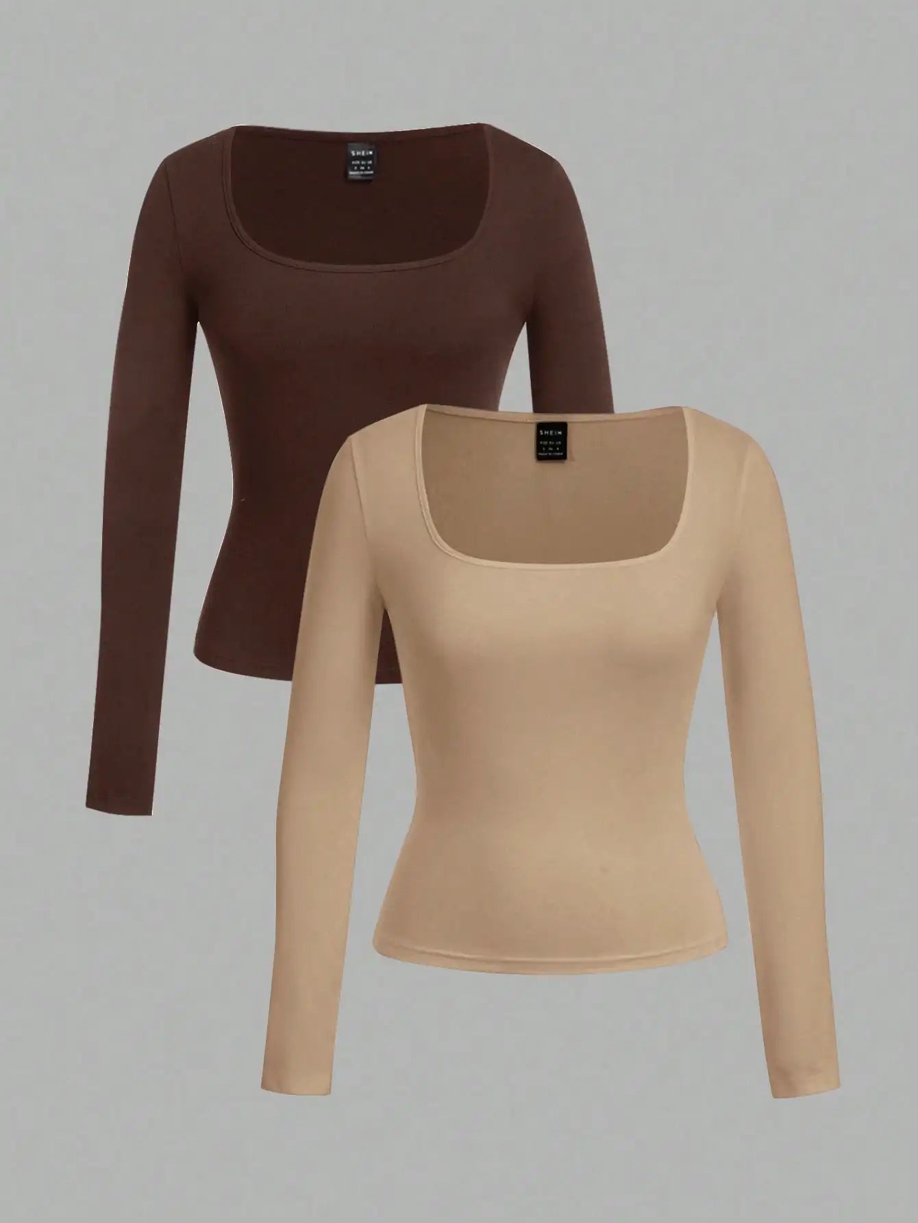 Two-Pack Women's Square Neck Long Sleeve Fitted T-Shirts