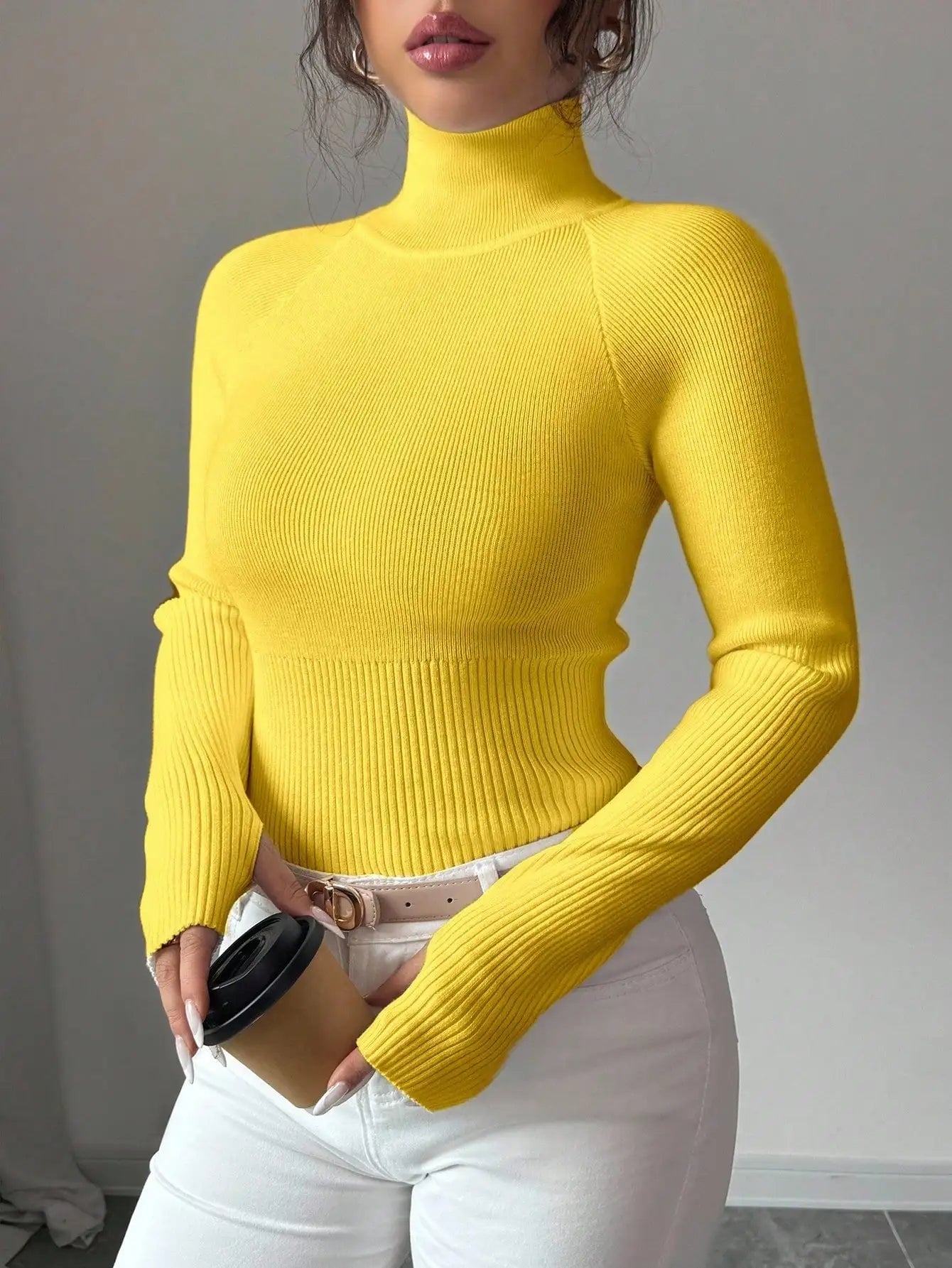 White Ribbed Turtleneck Knit Top for Women - Slim Fit Long Sleeve Sweater for Fall Winter Daily Wear