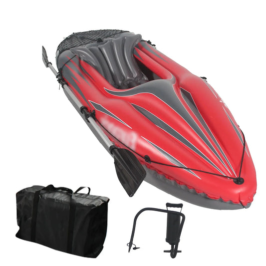 Inflatable Kayak Fishing Boat 1 Person Adult Red Canoe, with Paddles, Bag, Seats, High-Output Pump, Fin, for Lakes & Rivers