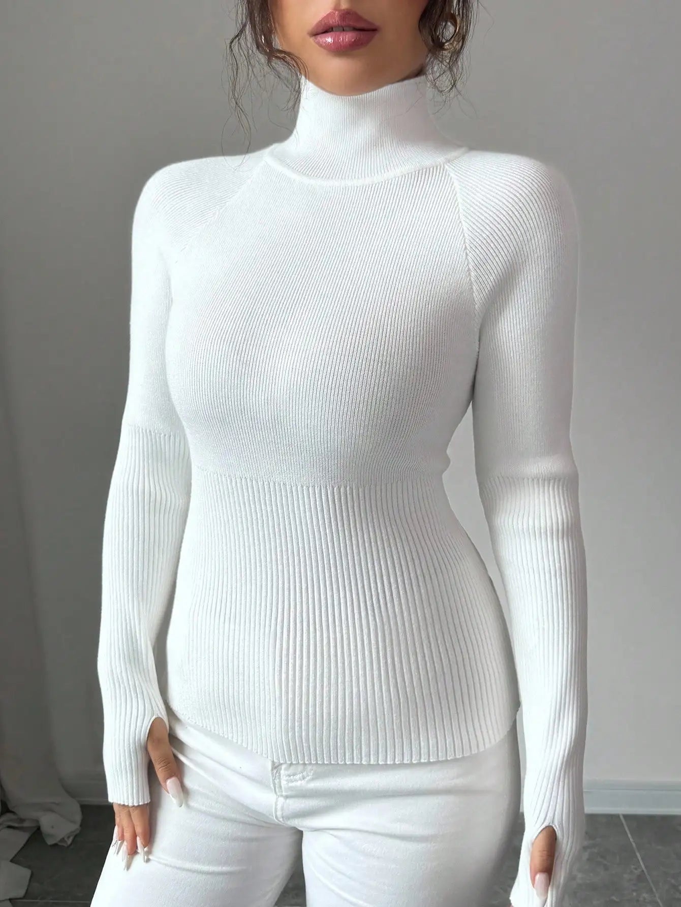 White Ribbed Turtleneck Knit Top for Women - Slim Fit Long Sleeve Sweater for Fall Winter Daily Wear