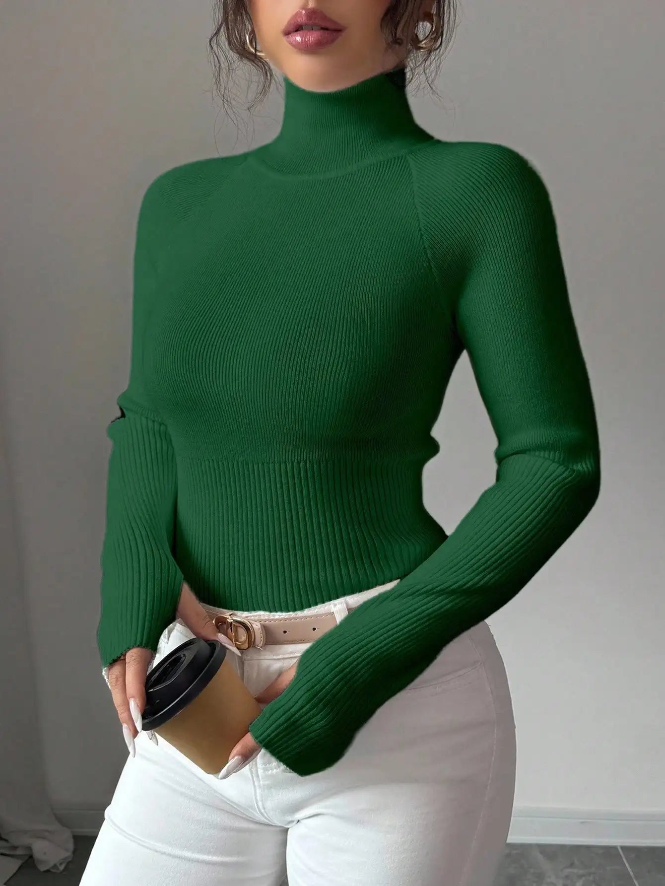 White Ribbed Turtleneck Knit Top for Women - Slim Fit Long Sleeve Sweater for Fall Winter Daily Wear