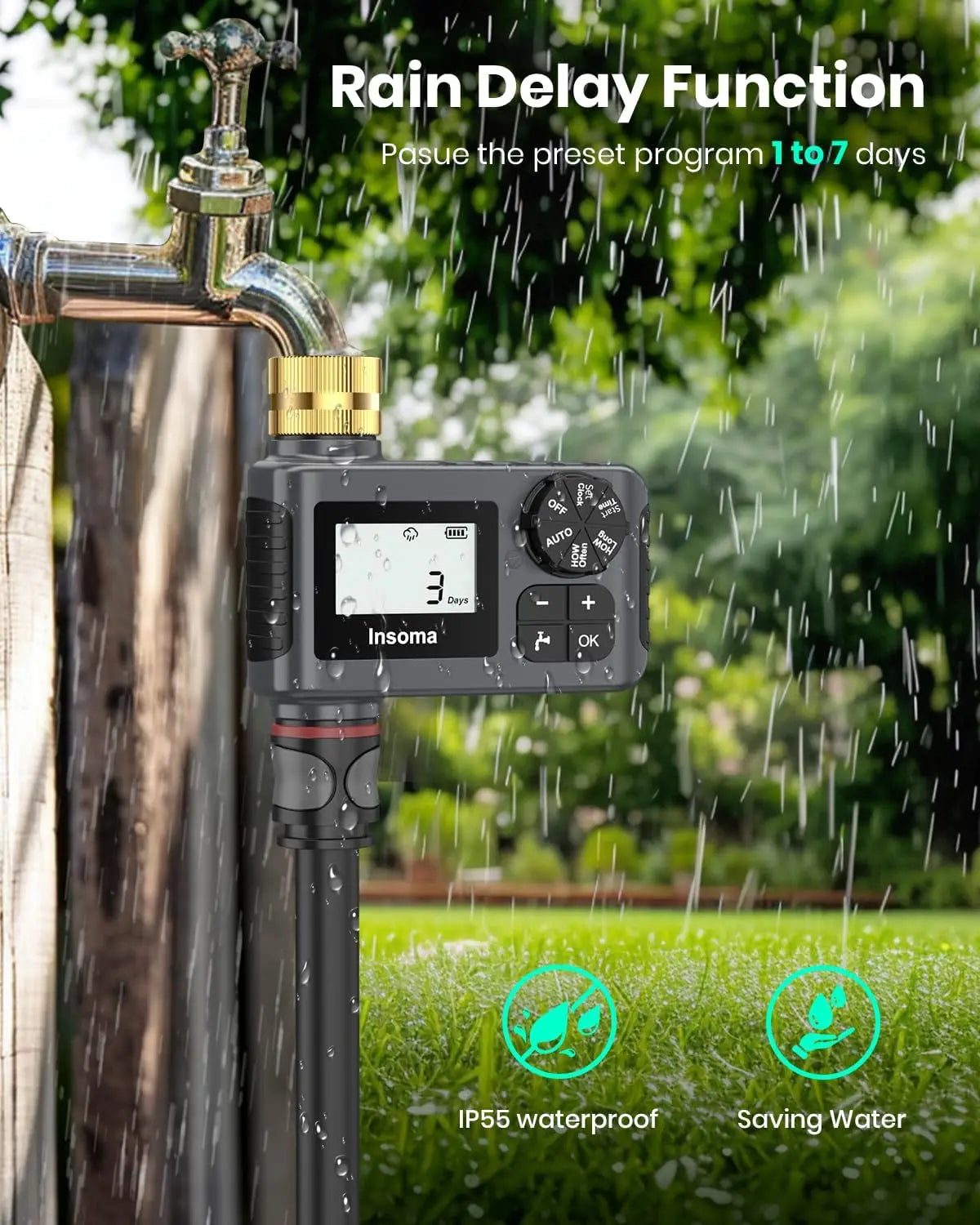 2-Piece Brass Water Timer with Rain Delay, Manual/Automatic Modes for Drip Irrigation and Lawn Watering