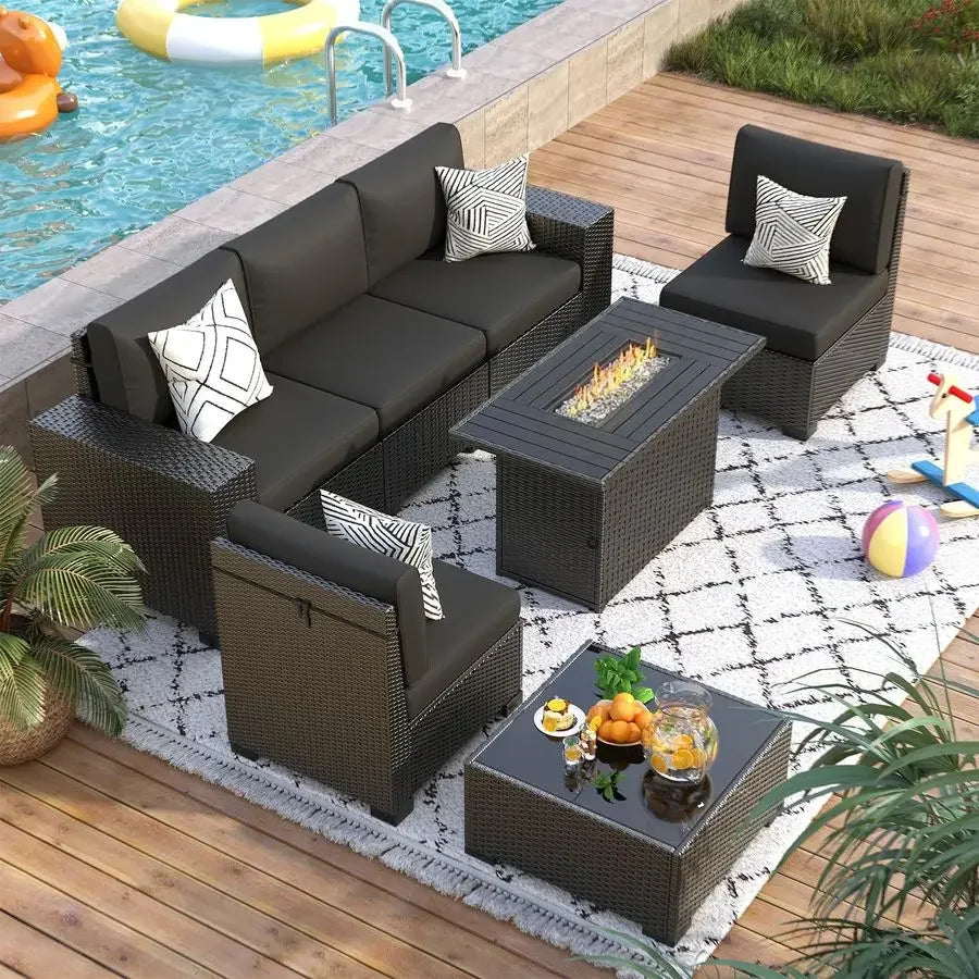 Piece Patio Furniture Set with Fire Pit Table, Outdoor Sectional Conversation Sets Black Wicker Rattan Sofa with Coffee Table f