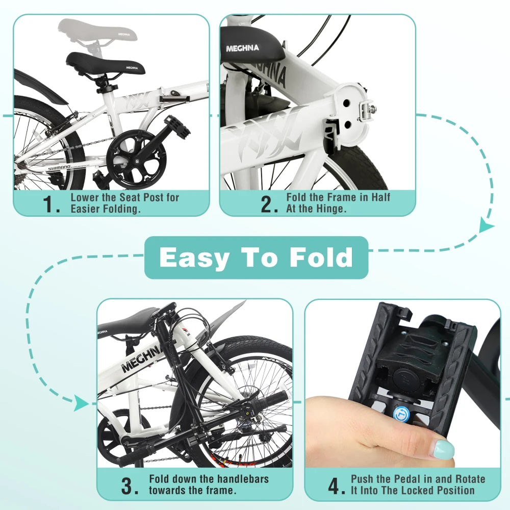 20 Inch Folding Bike for Adults with Basket, Phone Holder & Fenders, 6-Speed Steel Frame City Commuter, Dual V-Brake Portable Compact Bicycle for Men & Women