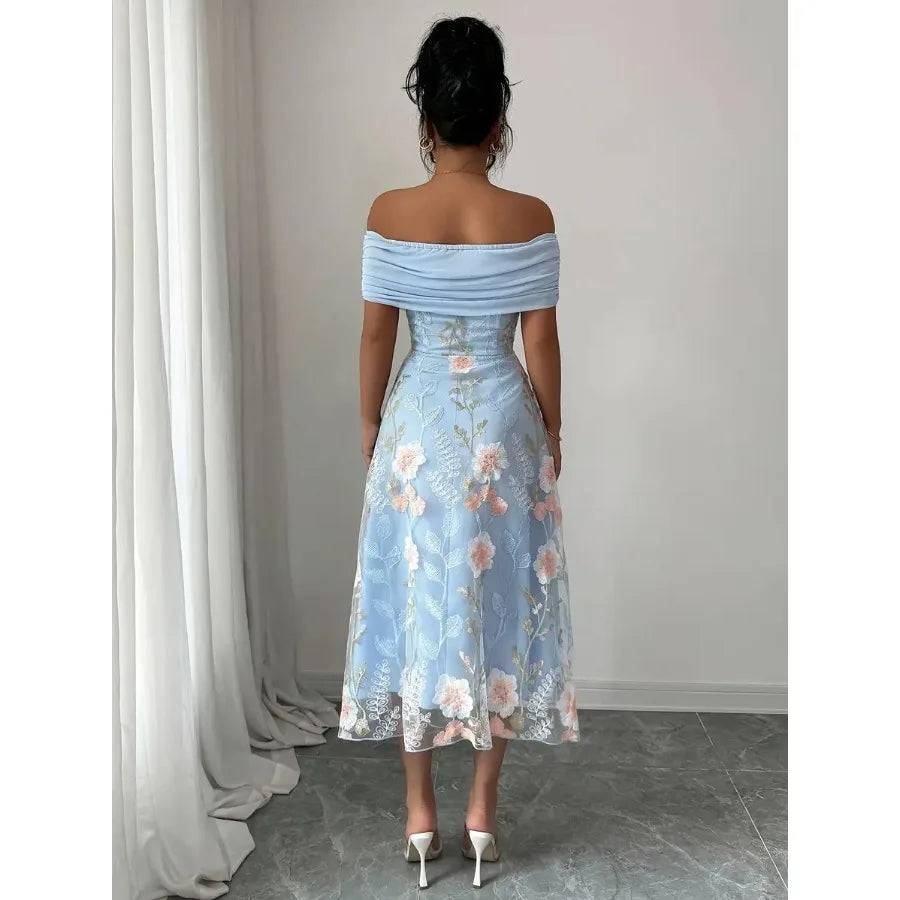 Direction 7963 Blue Floral Embroidery Patchwork Solid Off-Shoulder Neckline Elegant Party Women'S Dress Bridesmaid Gown Evening