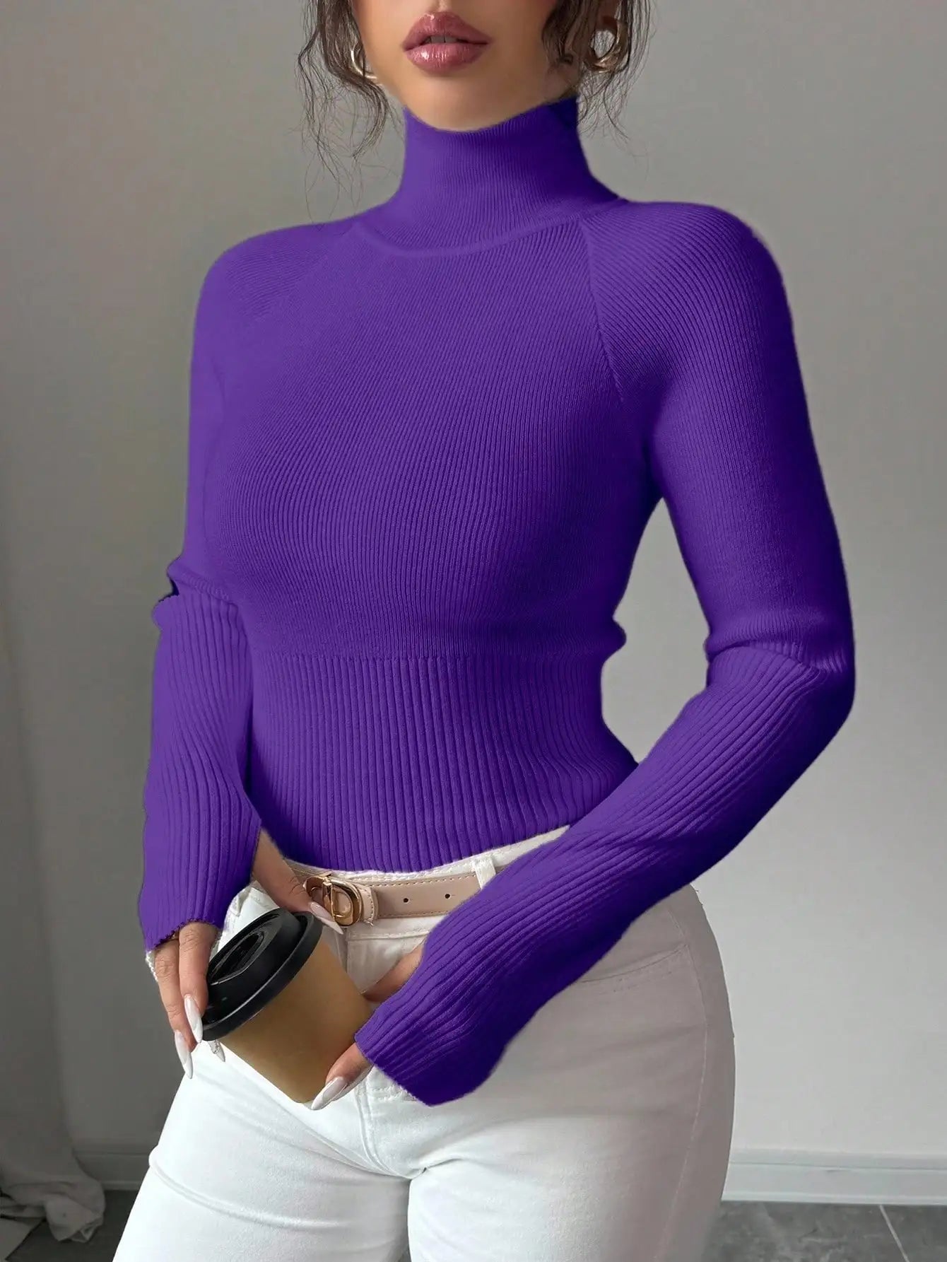 White Ribbed Turtleneck Knit Top for Women - Slim Fit Long Sleeve Sweater for Fall Winter Daily Wear