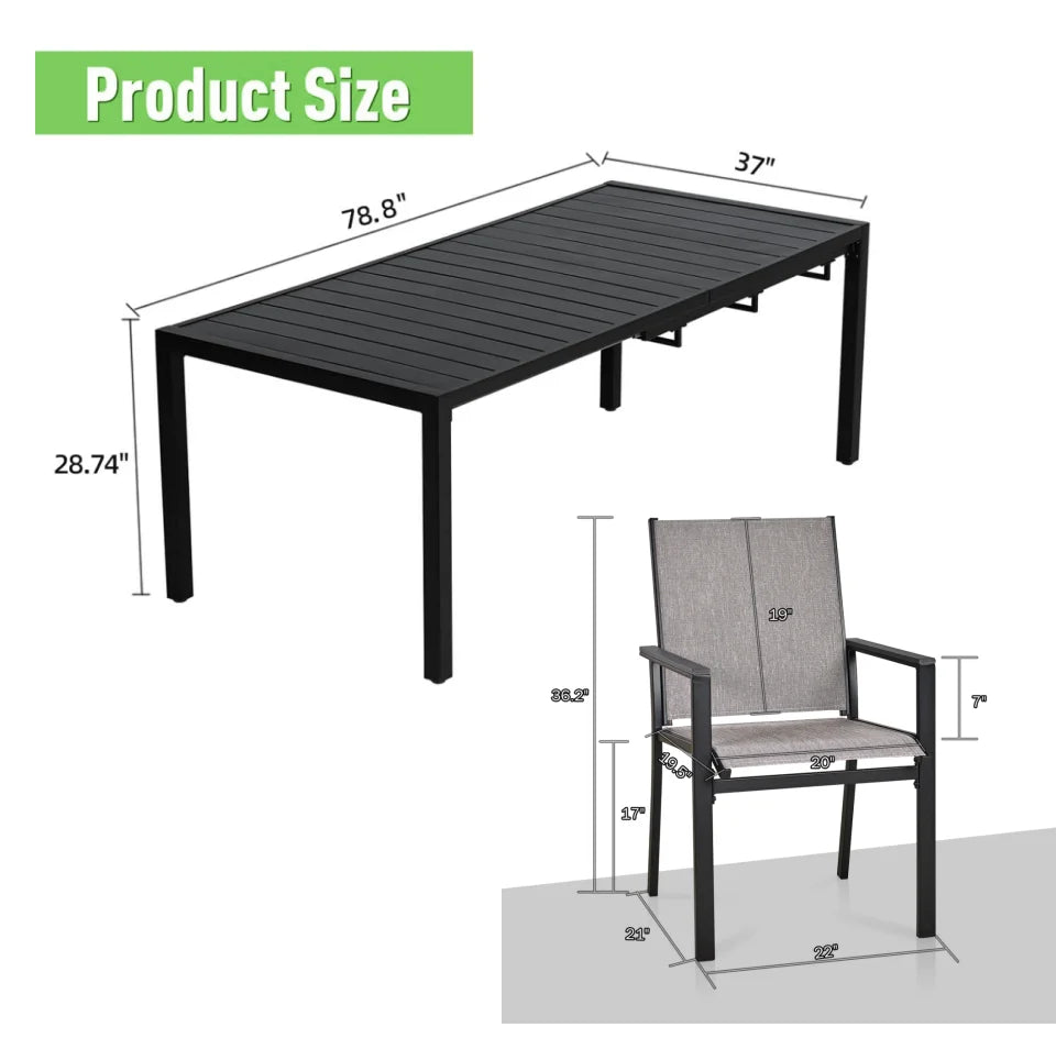 BIGGET 9PCS Patio Dining Set Extendable Metal Table & 8 Textilene Fabric Chairs for Large Gatherings Backyard Outdoor Use