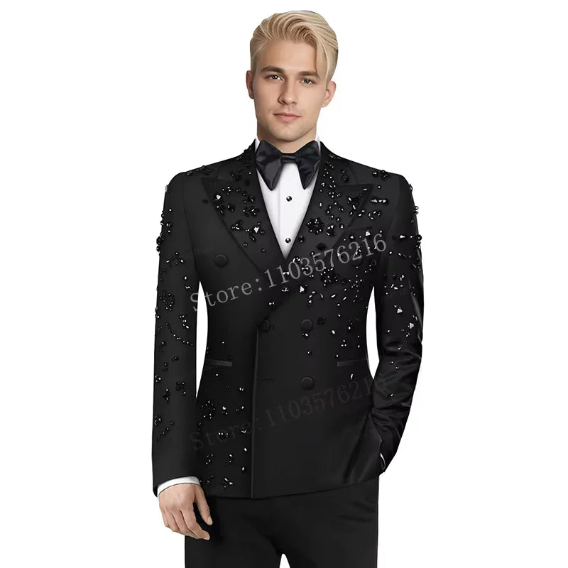 Customized Slim Fit Mens 2 Piece Double Breasted Suit Luxury High Quality Diamond Ornament Tuxedos For Business Wedding Groom