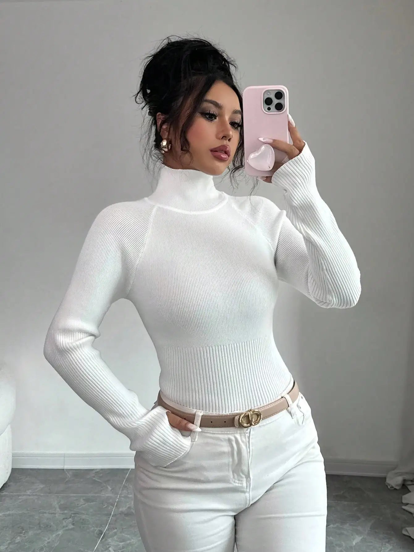 White Ribbed Turtleneck Knit Top for Women - Slim Fit Long Sleeve Sweater for Fall Winter Daily Wear