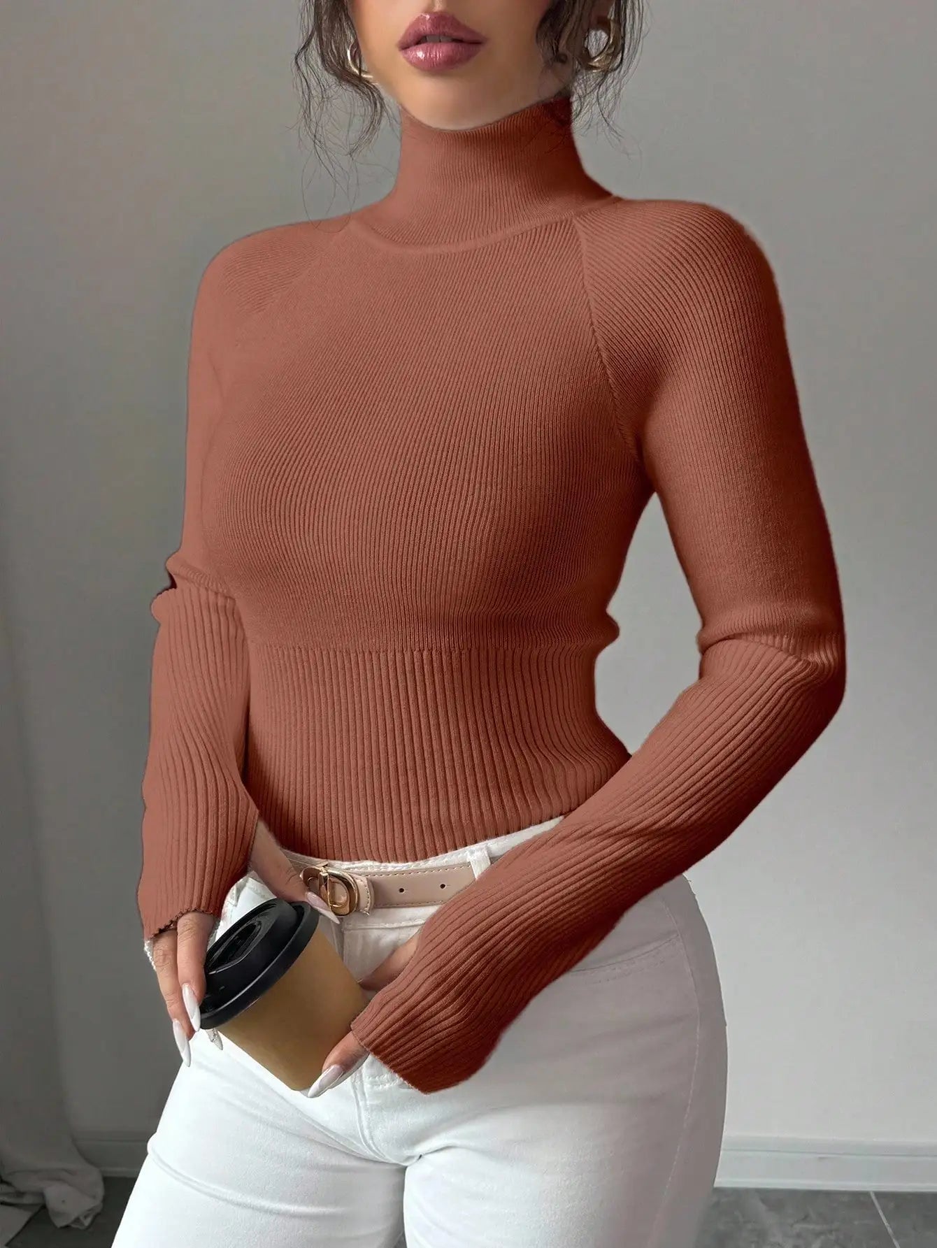 White Ribbed Turtleneck Knit Top for Women - Slim Fit Long Sleeve Sweater for Fall Winter Daily Wear