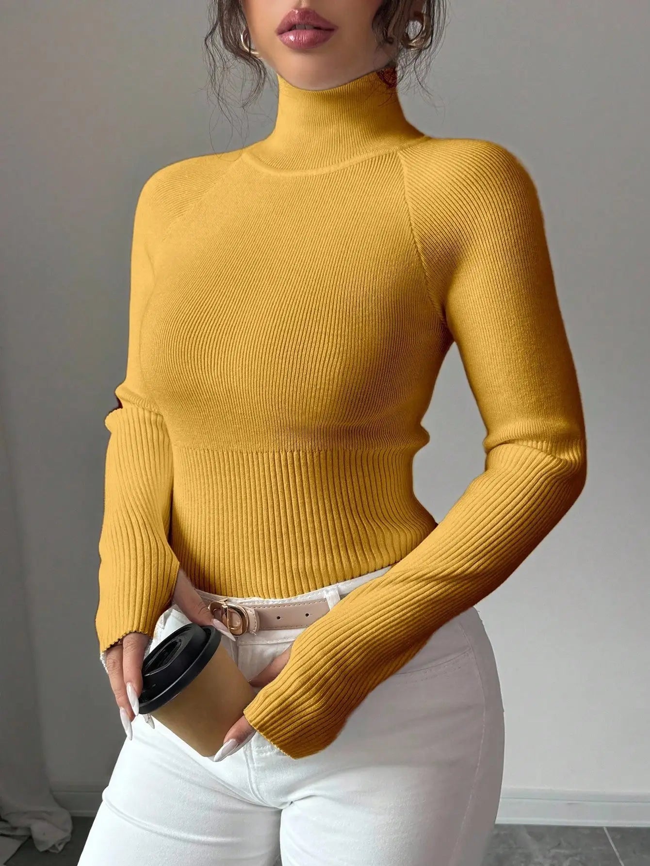 White Ribbed Turtleneck Knit Top for Women - Slim Fit Long Sleeve Sweater for Fall Winter Daily Wear