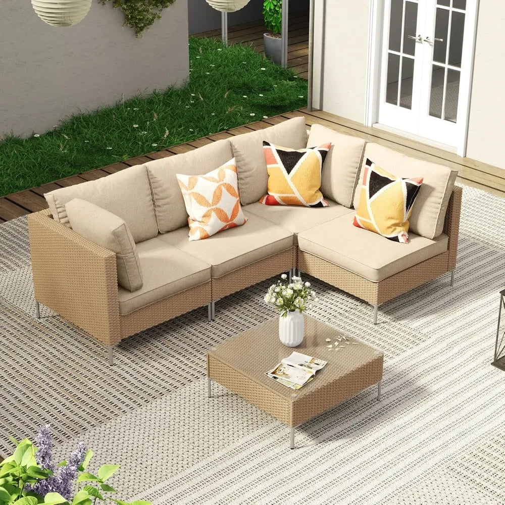 5 Pieces Wicker Patio Furniture Set, Outdoor Conversation Set Sectional Sofas with Cushions and Glass-top Tea Table