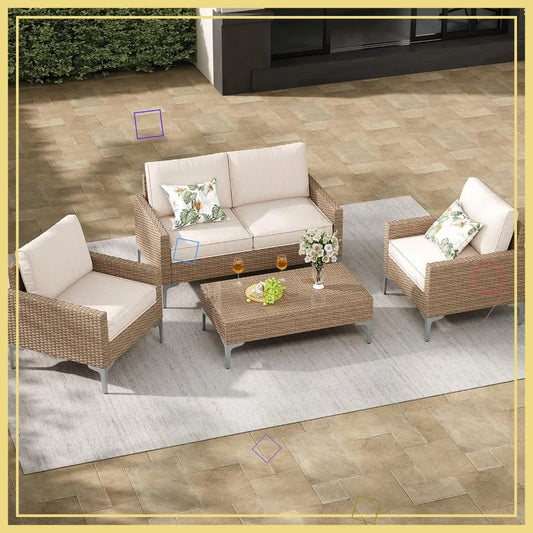 4-Piece Outdoor Sectional Sofa Set, All-Weather Wicker Patio Furniture with L/R Armrest & Glass Table, Beige