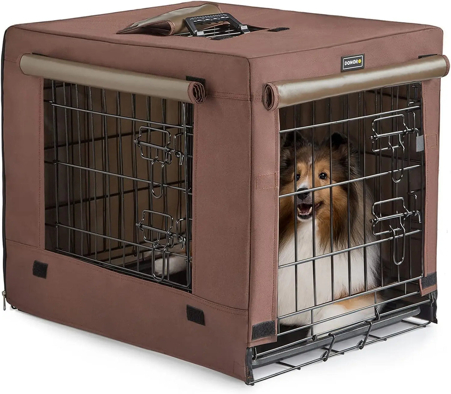Collapsible Double Door Dog Crate for Small Dogs and Cats, Indoor Kennel with Removable Tray, Brown (24x18x20 Inches)