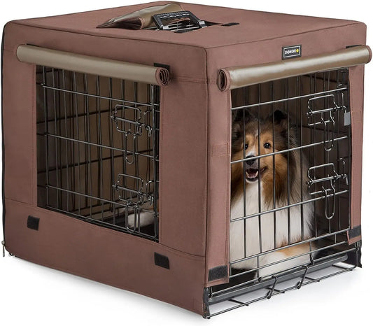 Collapsible Double Door Dog Crate for Small Dogs and Cats, Indoor Kennel with Removable Tray, Brown (24x18x20 Inches)