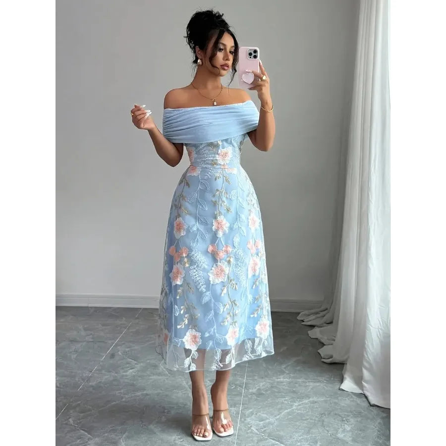 Direction 7963 Blue Floral Embroidery Patchwork Solid Off-Shoulder Neckline Elegant Party Women'S Dress Bridesmaid Gown Evening
