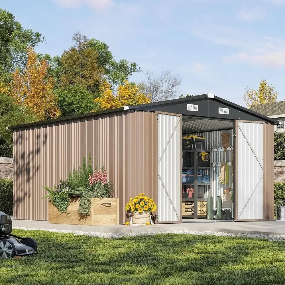 10 x 12FT Outdoor Storage Shed with Double Hinged Large Door Utility Garden Shed with Lockable Door amp Sloped Roof Metal Sheds