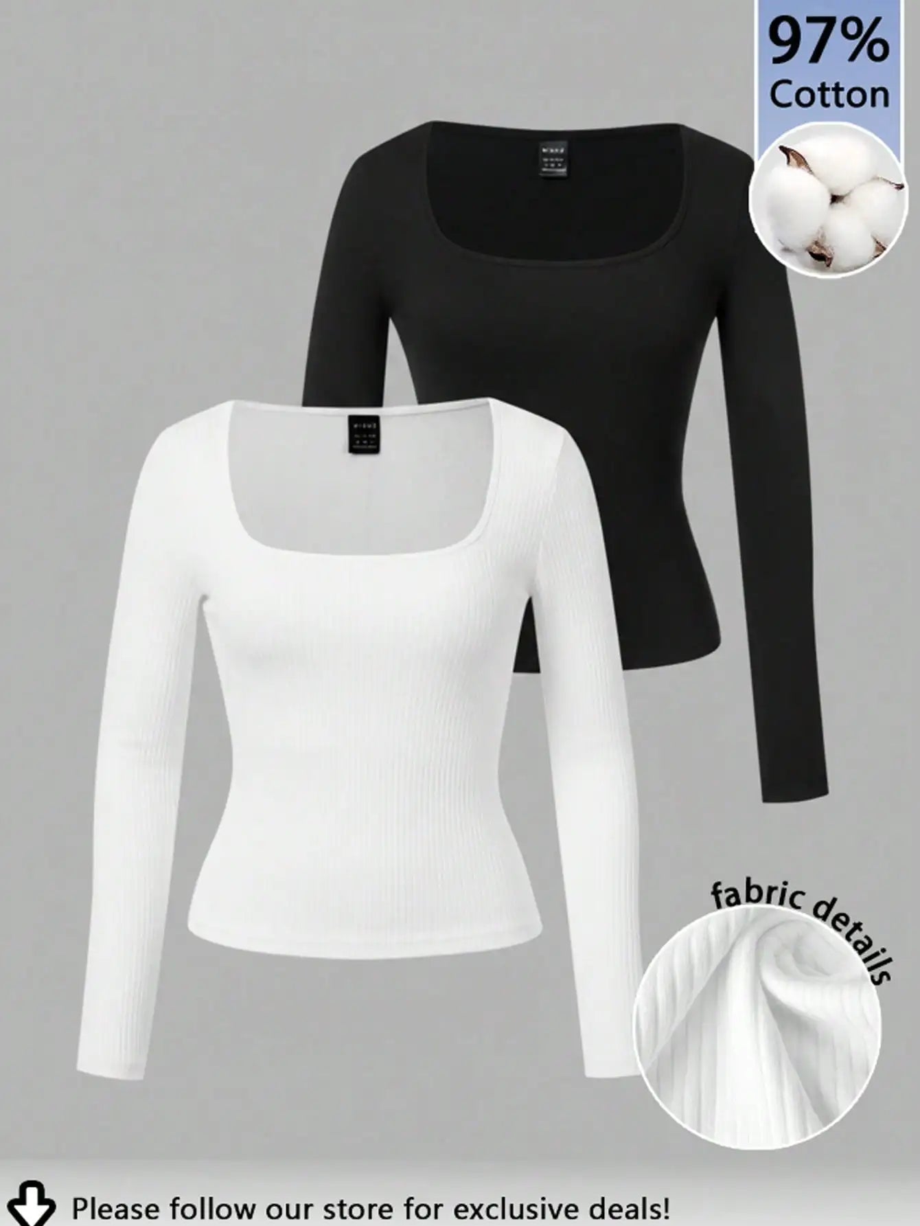 Two-Pack Women's Square Neck Long Sleeve Fitted T-Shirts