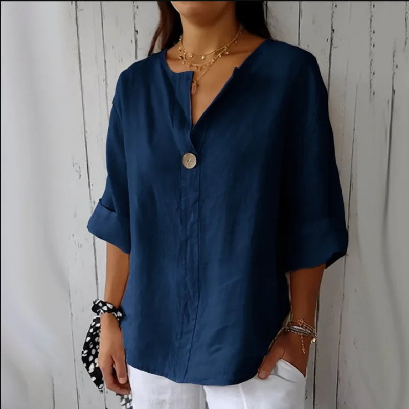 V-neck Long-sleeved T-shirt Fashion Loose Cotton And Linen Button Tops For Women
