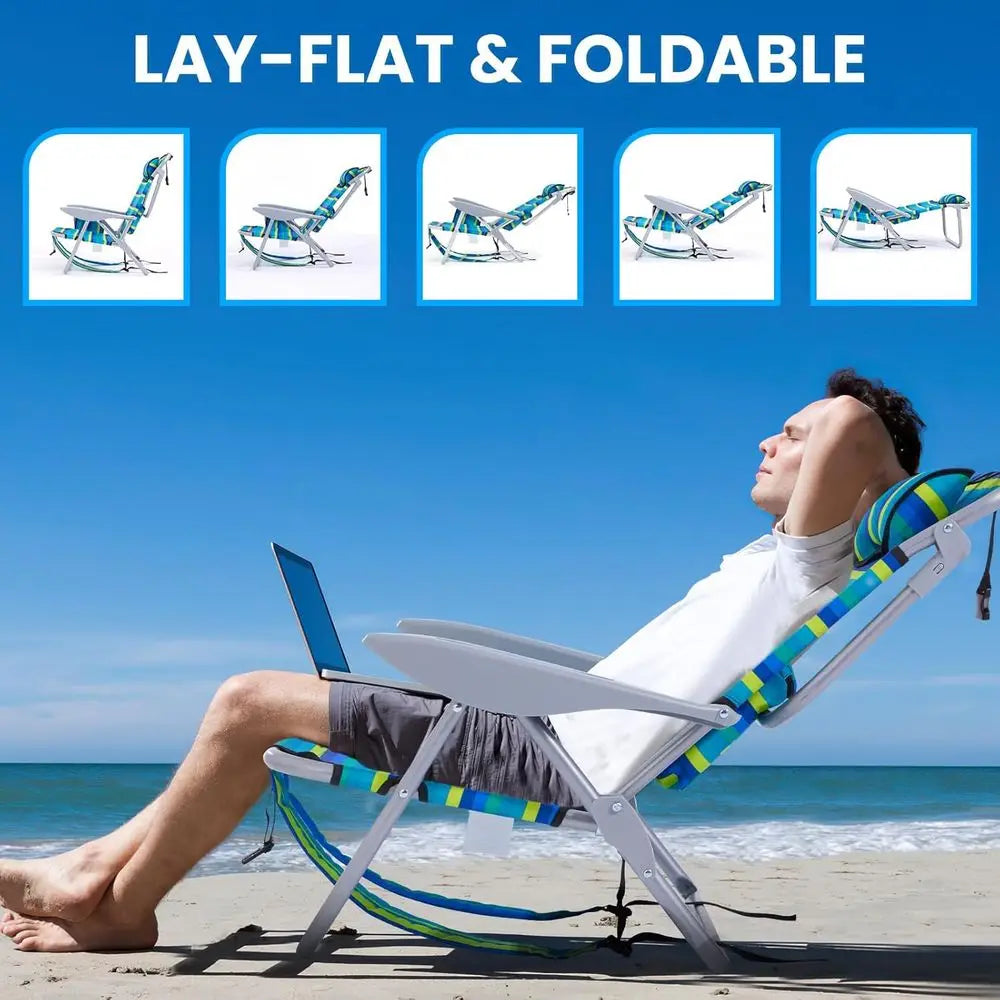 Adult Portable Beach and Camping Chair, Foldable Backpack Style with 5 Recline Positions, Headrest, and Cup Holder, Heavy Duty S