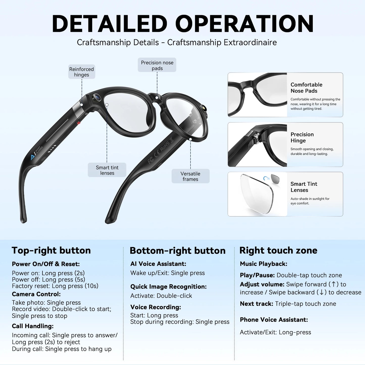 EIGIIS AI Smart Glasses Bluetooth Call With AI Voice Translate Intelligent shooting function Noise Reduction Waterproof Glasses