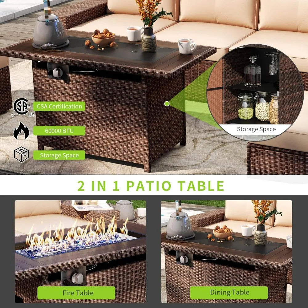 7 Piece Patio Furniture Set with 44 Inch Fire Pit Table Outdoor Wicker Parlor Set with Thick Cushions