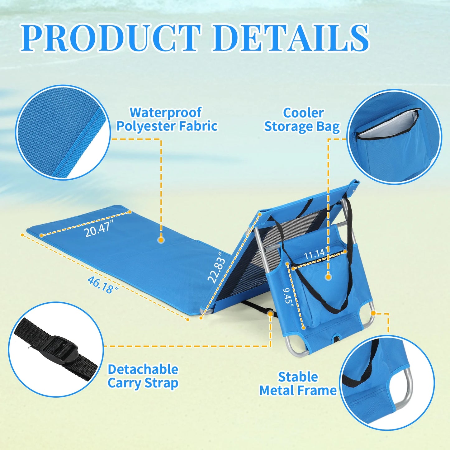 Foldable Beach Lounger Lightweight Beach Mat Lounge Chair with Breathable Mesh Back Cooler Pocket for Tanning Relaxing