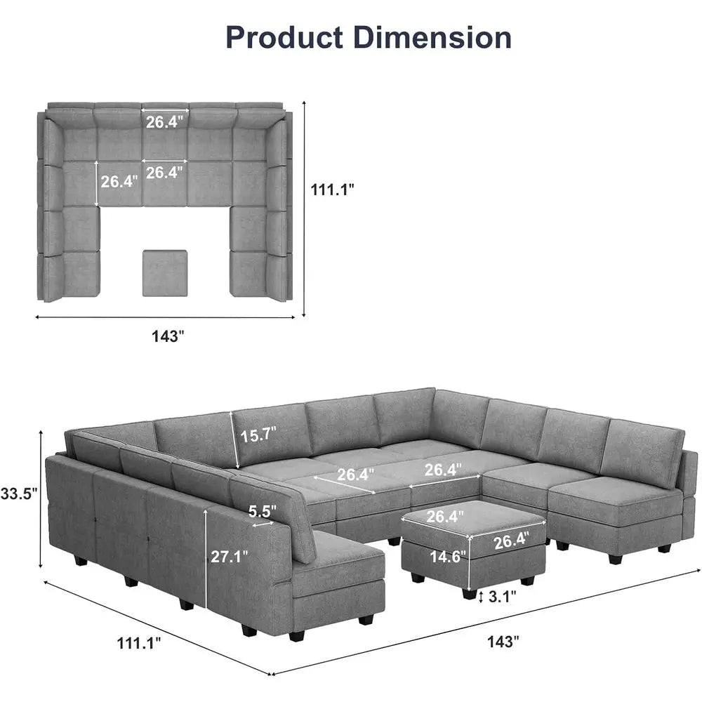Oversized Grey Convertible Sofa Bed with Storage Sectional Sleeper Couch