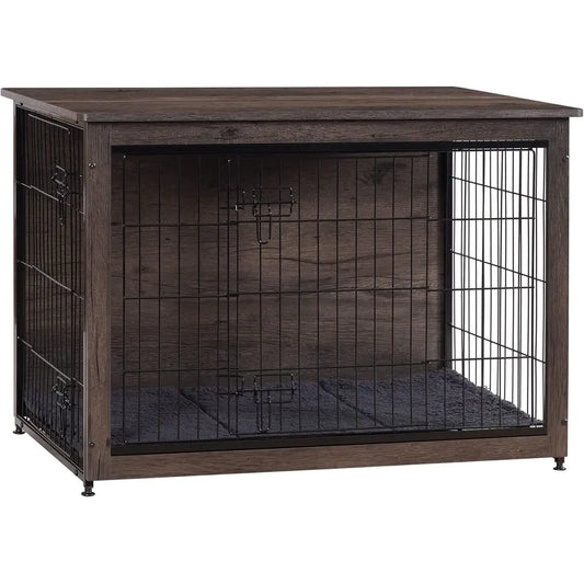 Dog Crate Furniture with Cushion, Wooden Kennel Table with Double Doors, Indoor Dog House, Large Size, 38.5" L, Dark Gray