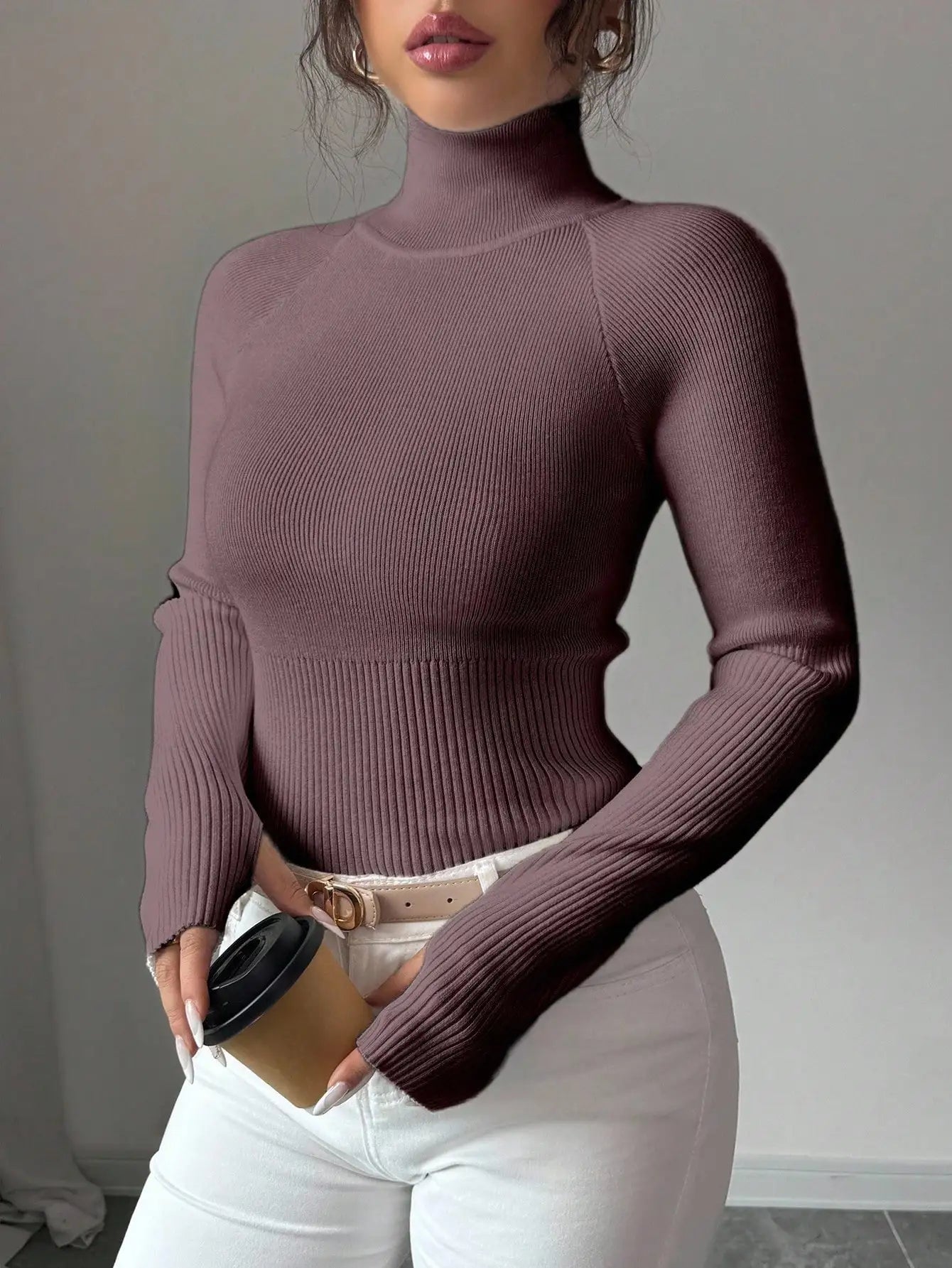 White Ribbed Turtleneck Knit Top for Women - Slim Fit Long Sleeve Sweater for Fall Winter Daily Wear