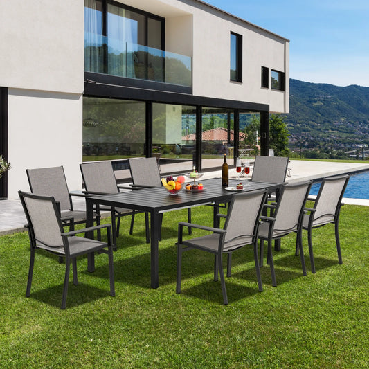 BIGGET 9PCS Patio Dining Set Extendable Metal Table & 8 Textilene Fabric Chairs for Large Gatherings Backyard Outdoor Use