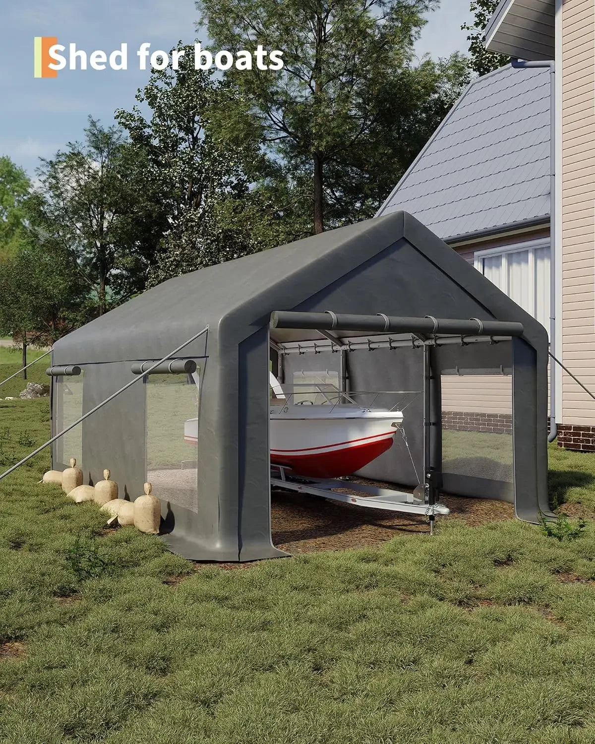 Bestseller[New Arrival!]10x20 Ft Carport, Car Port with 200g PE Tarp, Roll-Up Doors, and 4 Windows, for Sedans, Bass Boats, Moto
