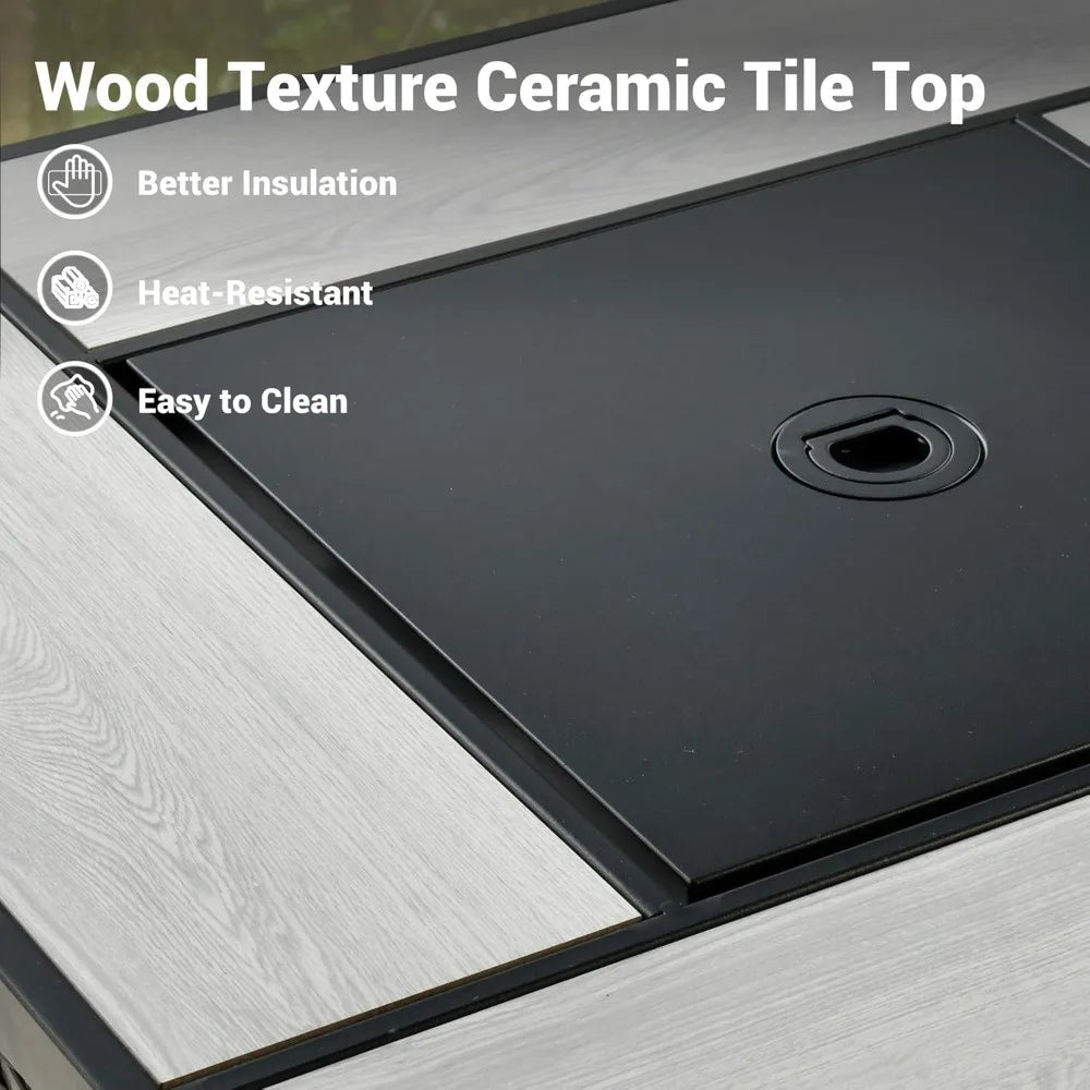 30 Inch Outdoor Patio Fire Pit Table, 50,000 BTU Heater PE Rattan Propane Firepits with Ceramic Tabletop, Waterproof Cover