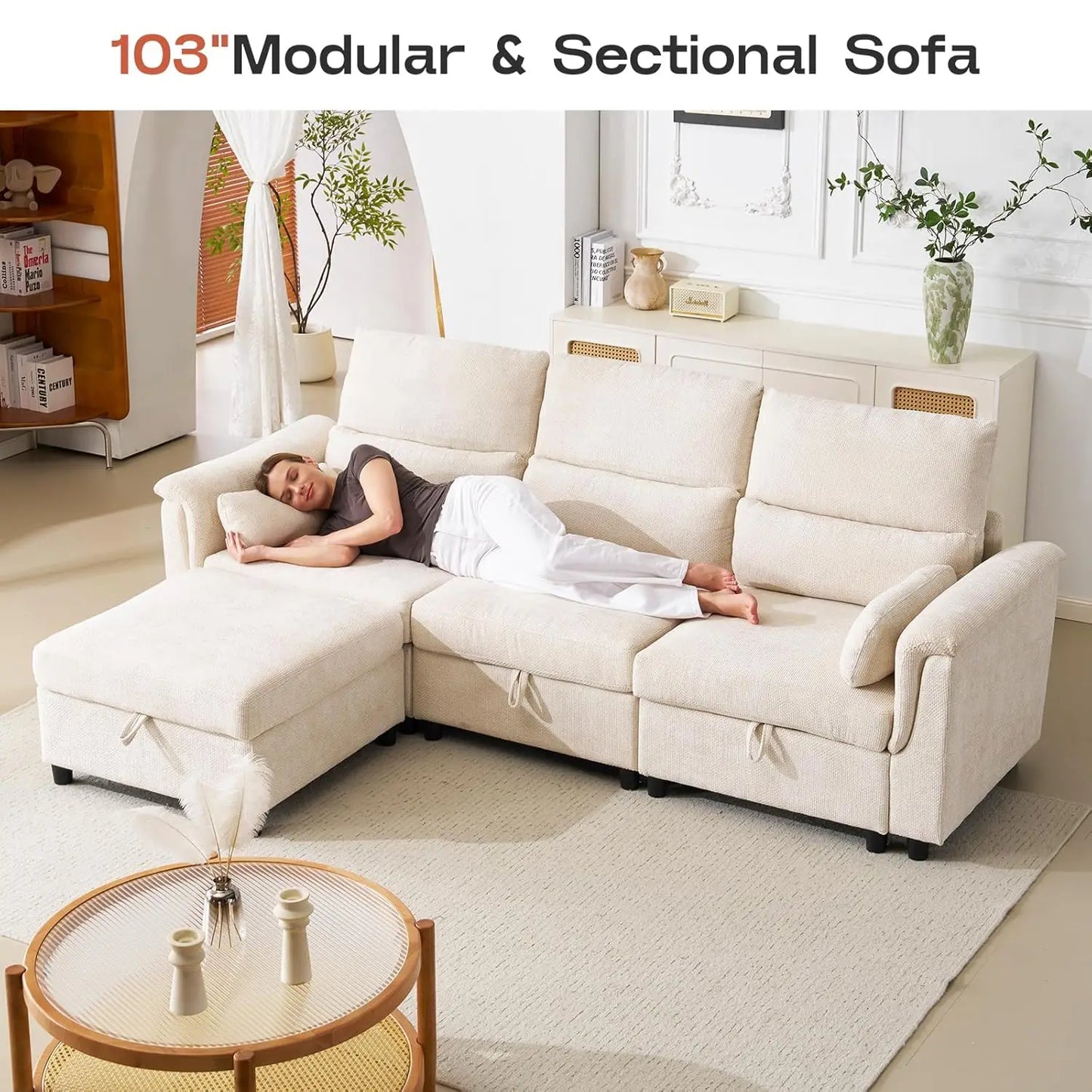 103" Modular Sectional Sofa, L Shaped Modular Sofa with Storage, Comfy Cloud Couch with Movable Ottoman,Deep Seat, Customized