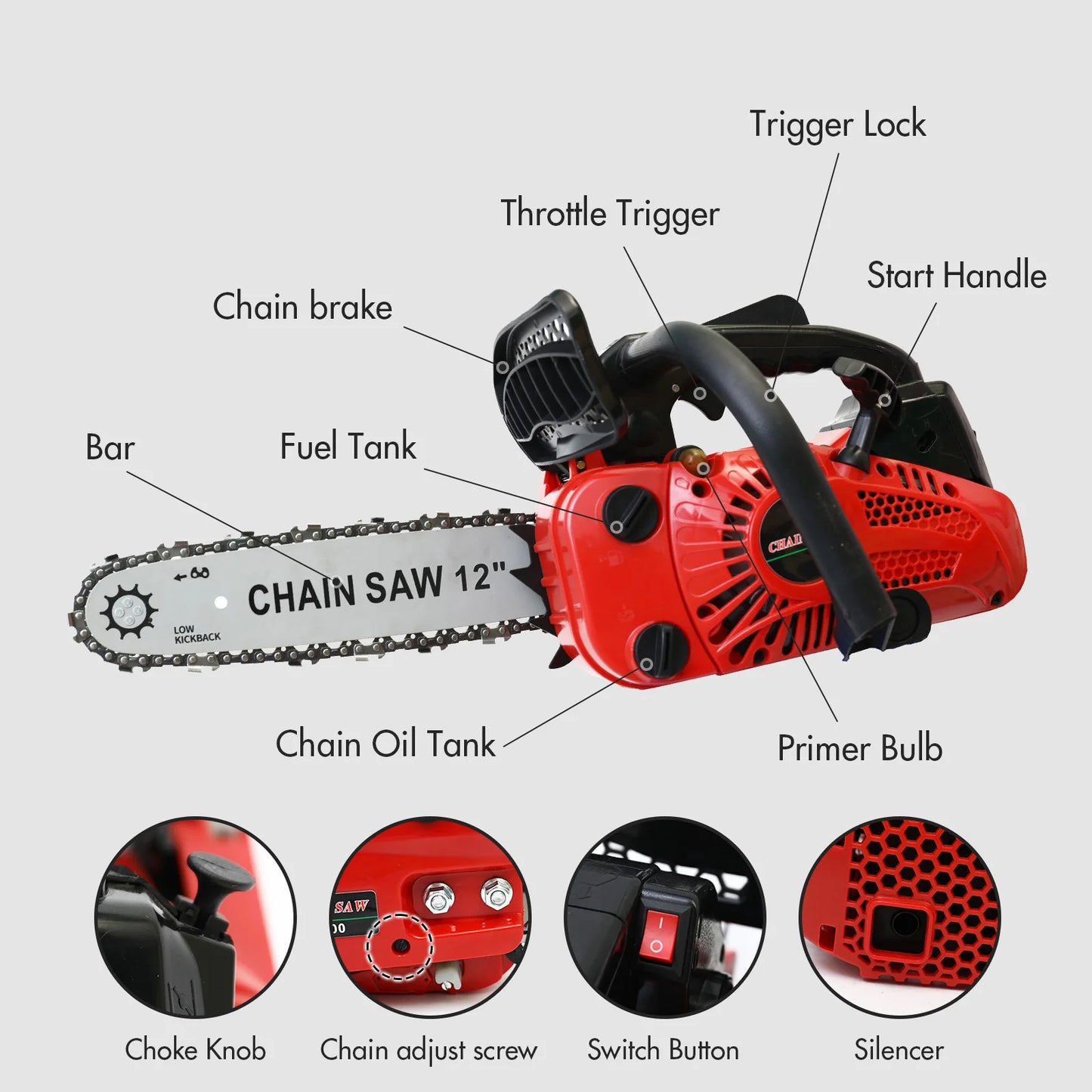 12 Inch Cordless Chainsaw Gasoline Lightweight Portable Electric 1000W 25.4 CC Woodworking for Tree Wood Branch Cutting Farm
