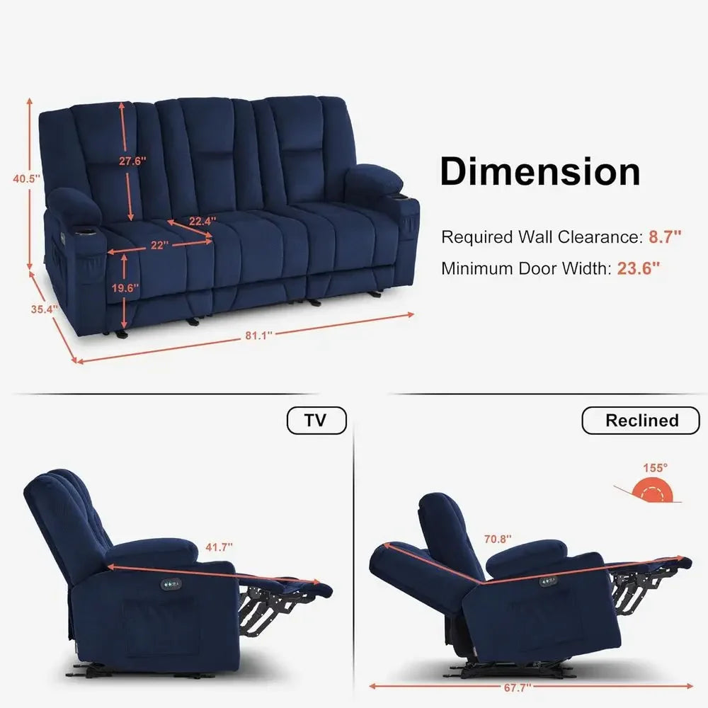 Bestseller3-Seater Reclining Sofa with Heat, Vibration Massage, and Navy Blue Fabric