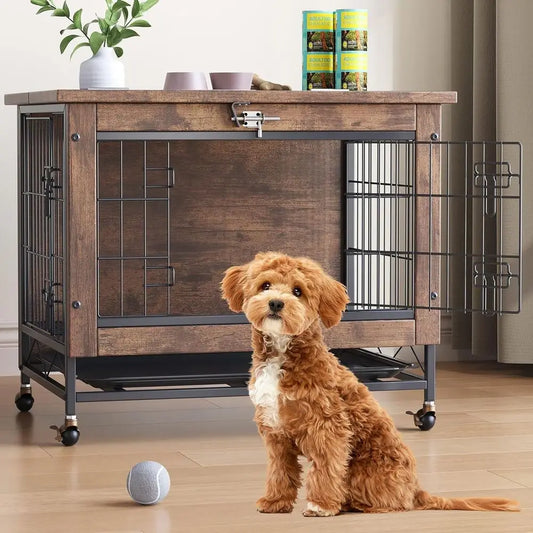 Double-Door Pet Crate urniture, 26 Inch Wooden Dog Kennel with Removable Tray, Indoor Dog House Table or Small Medium Dogs, Chew