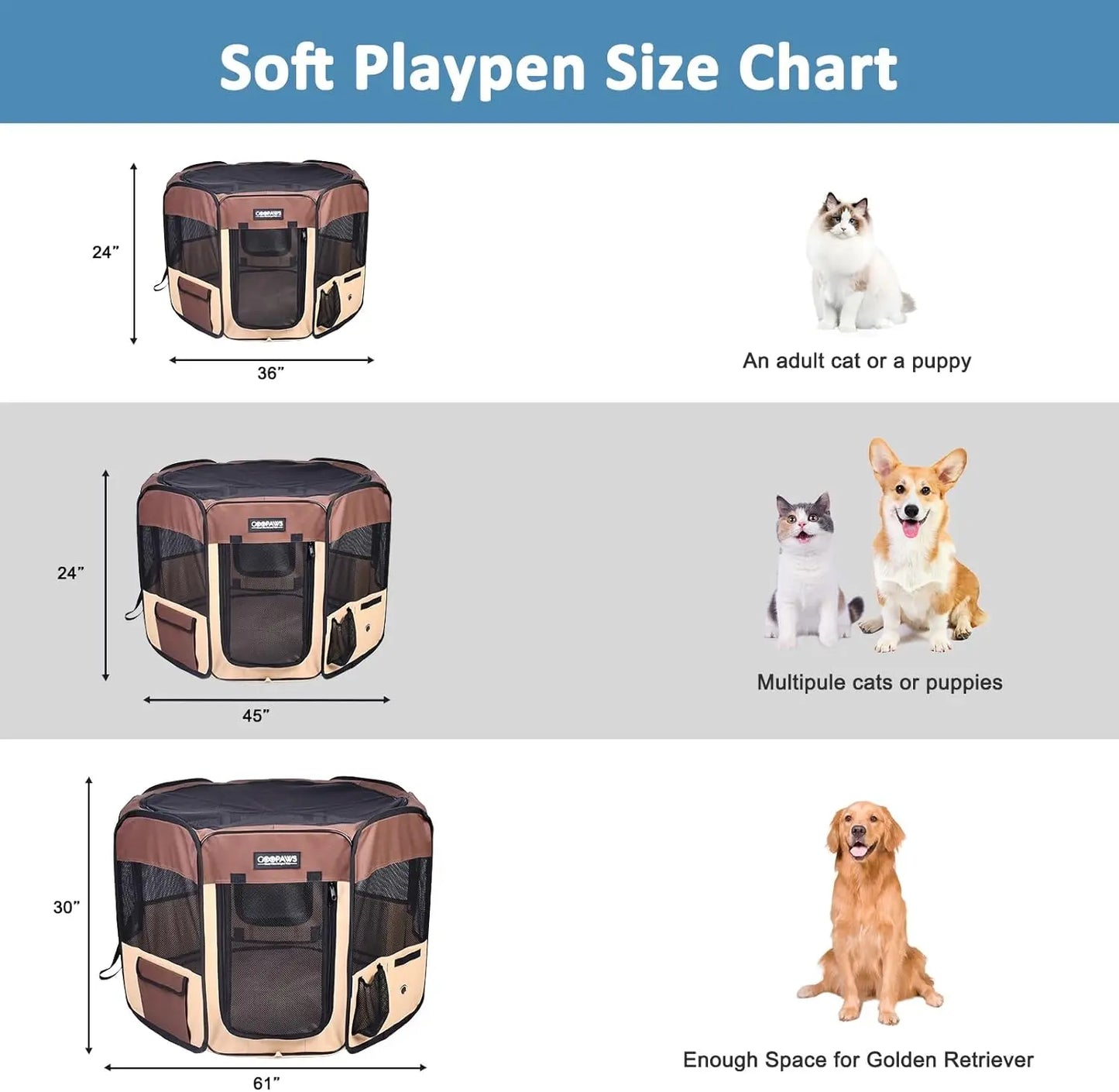 61" Pet Dog Playpens, Portable Soft Dog Exercise Pen Kennel with Carry Bag for Puppy Cats Kittens Rabbits, Brown