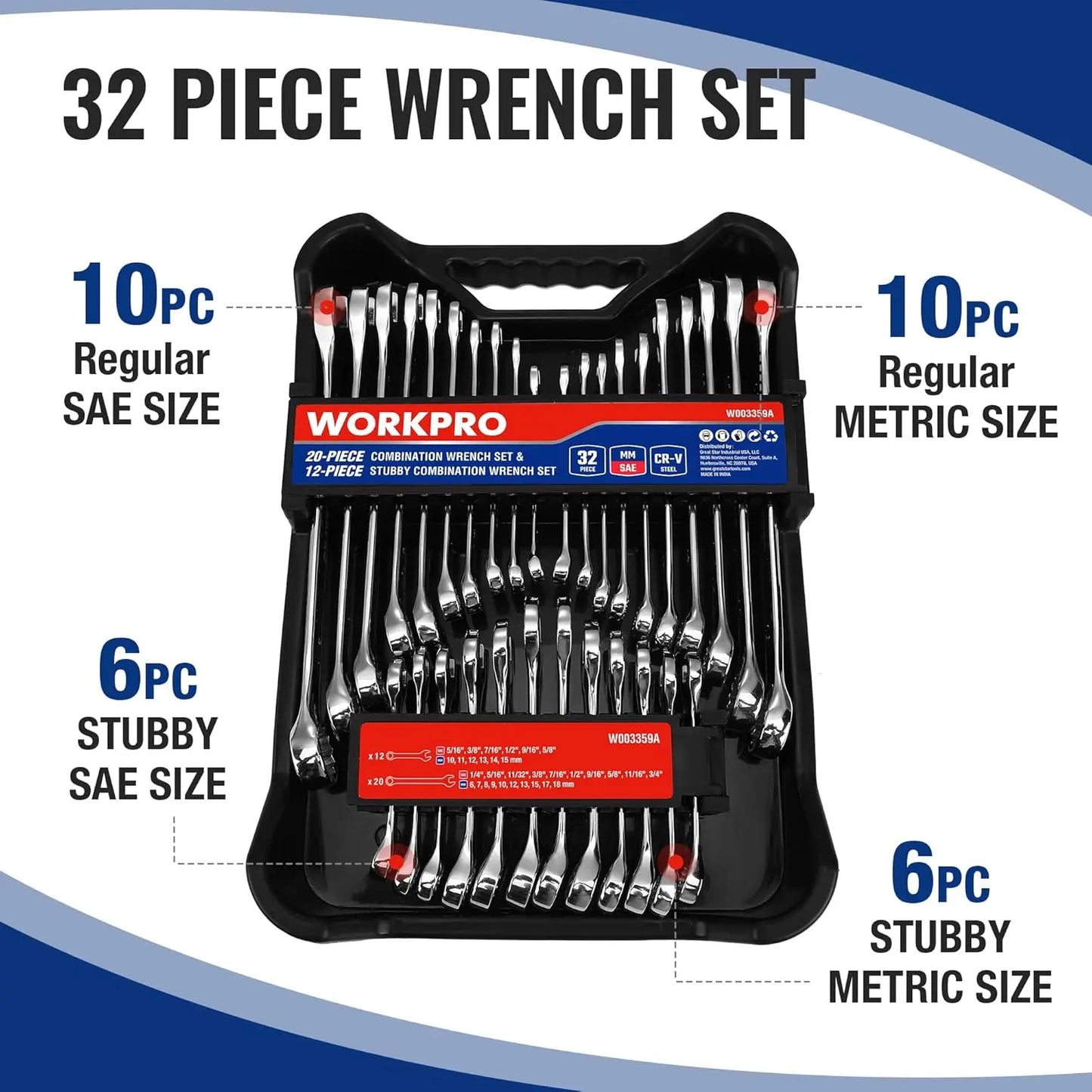 32-Piece SAE & Metric Combination Wrench Set with Stubby Wrenches and Organizer Tray, Chrome Polished Cr-V Steel