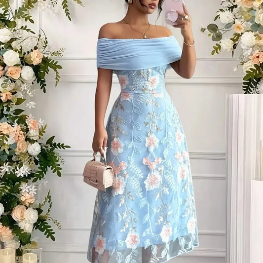 Direction 7963 Blue Floral Embroidery Patchwork Solid Off-Shoulder Neckline Elegant Party Women'S Dress Bridesmaid Gown Evening