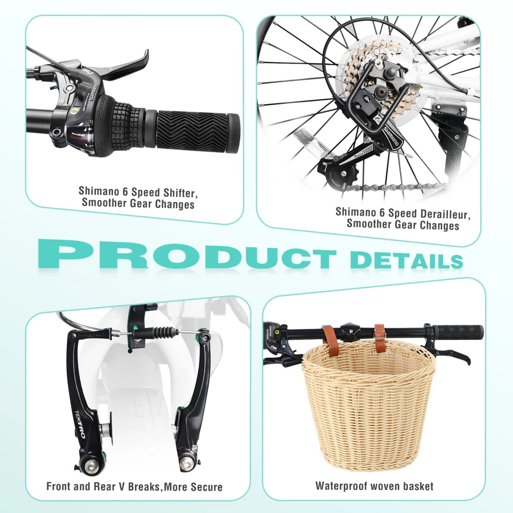 20 Inch Folding Bike for Adults with Basket, Phone Holder & Fenders, 6-Speed Steel Frame City Commuter, Dual V-Brake Portable Compact Bicycle for Men & Women