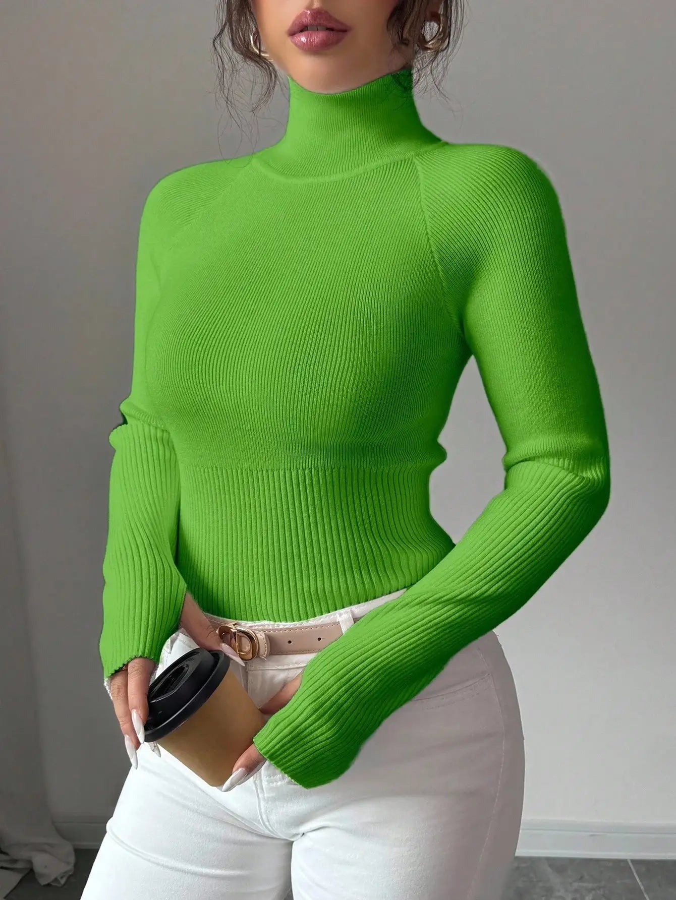 White Ribbed Turtleneck Knit Top for Women - Slim Fit Long Sleeve Sweater for Fall Winter Daily Wear
