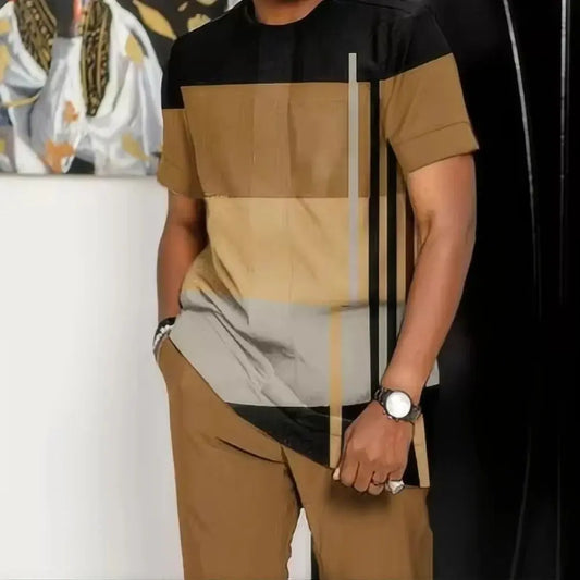 The new men's set for Spring and Autumn 2025 features a casual fashionable comfortable and soft 3D striped pattern print