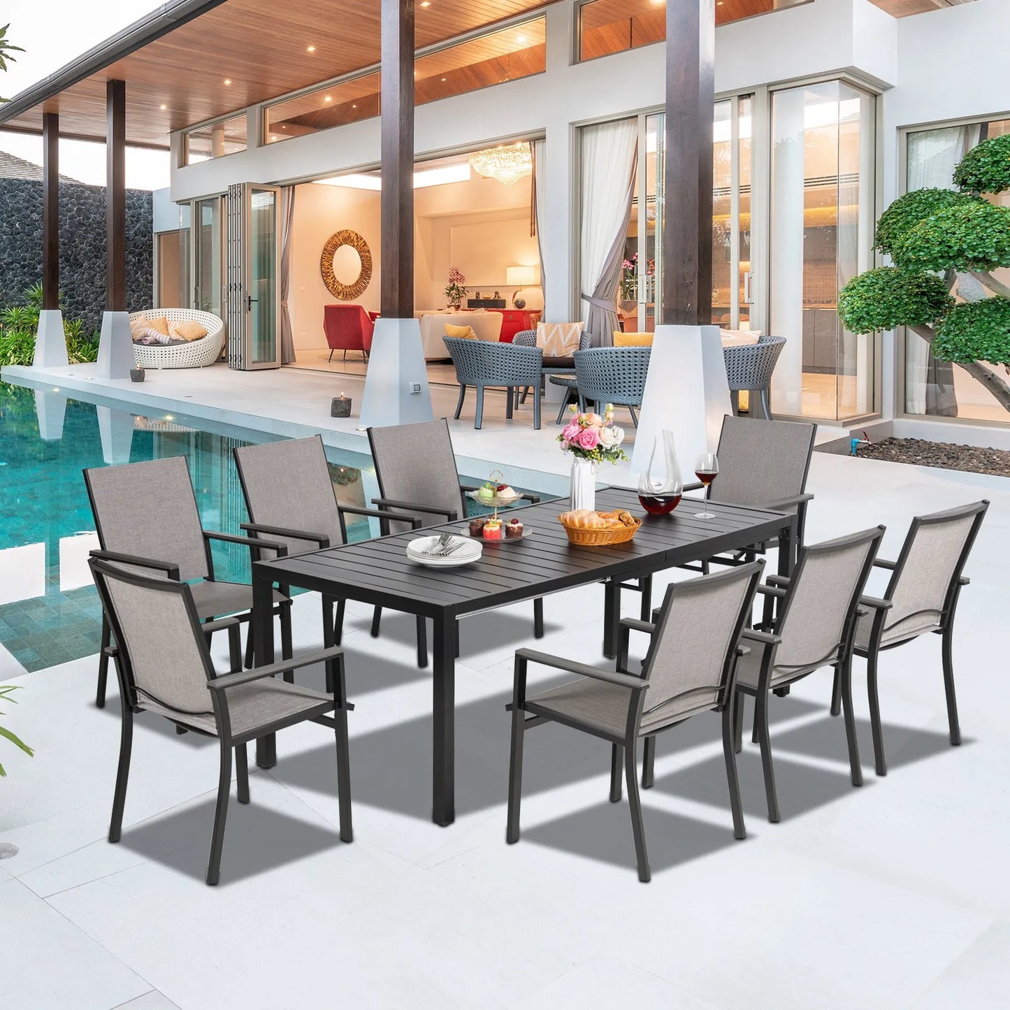 BIGGET 9PCS Patio Dining Set Extendable Metal Table & 8 Textilene Fabric Chairs for Large Gatherings Backyard Outdoor Use