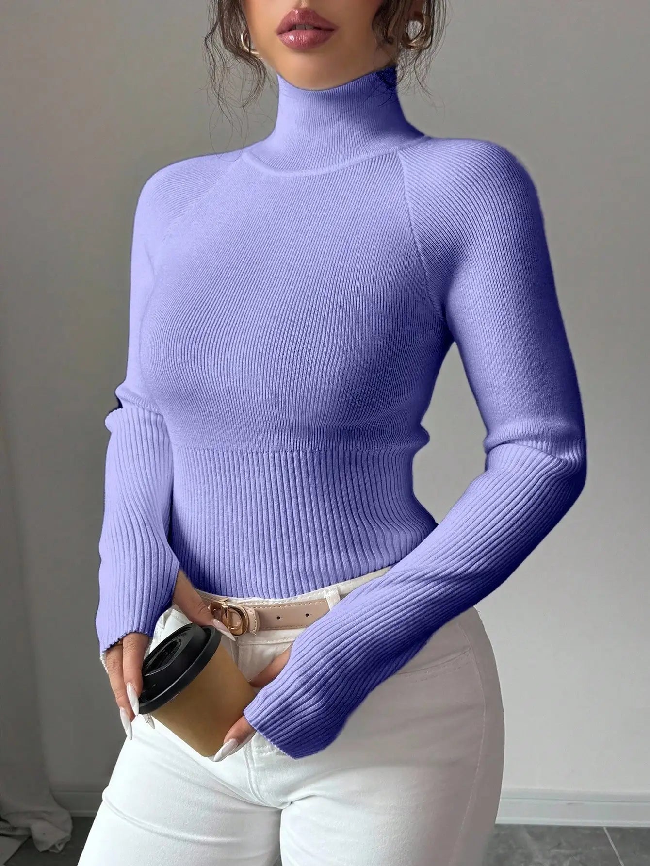 White Ribbed Turtleneck Knit Top for Women - Slim Fit Long Sleeve Sweater for Fall Winter Daily Wear