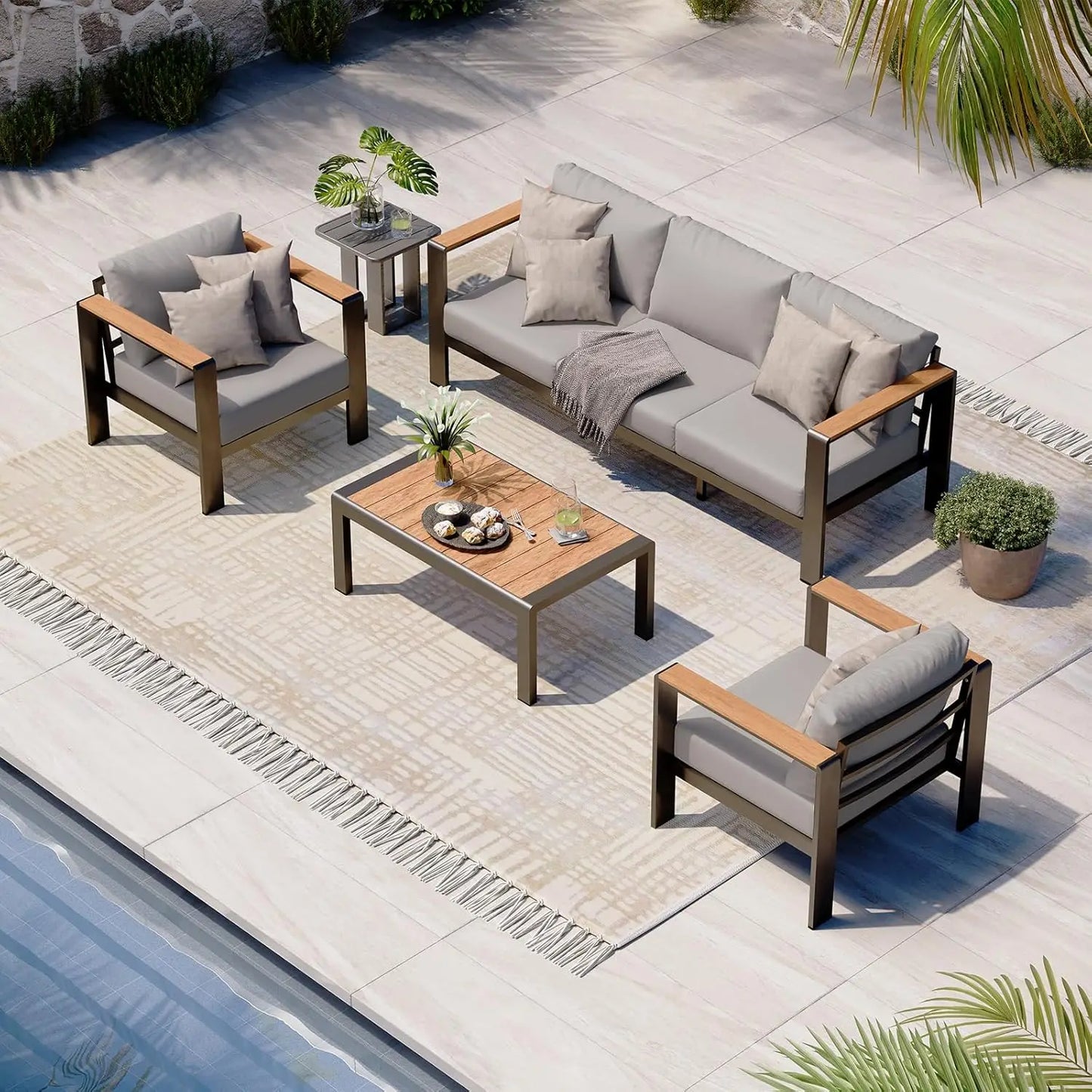 Aluminum Outdoor Patio Furniture Set with Coffee Table, 4 Piece Patio Conversation Sets with Washable Thick Cushions, Outdoor Se