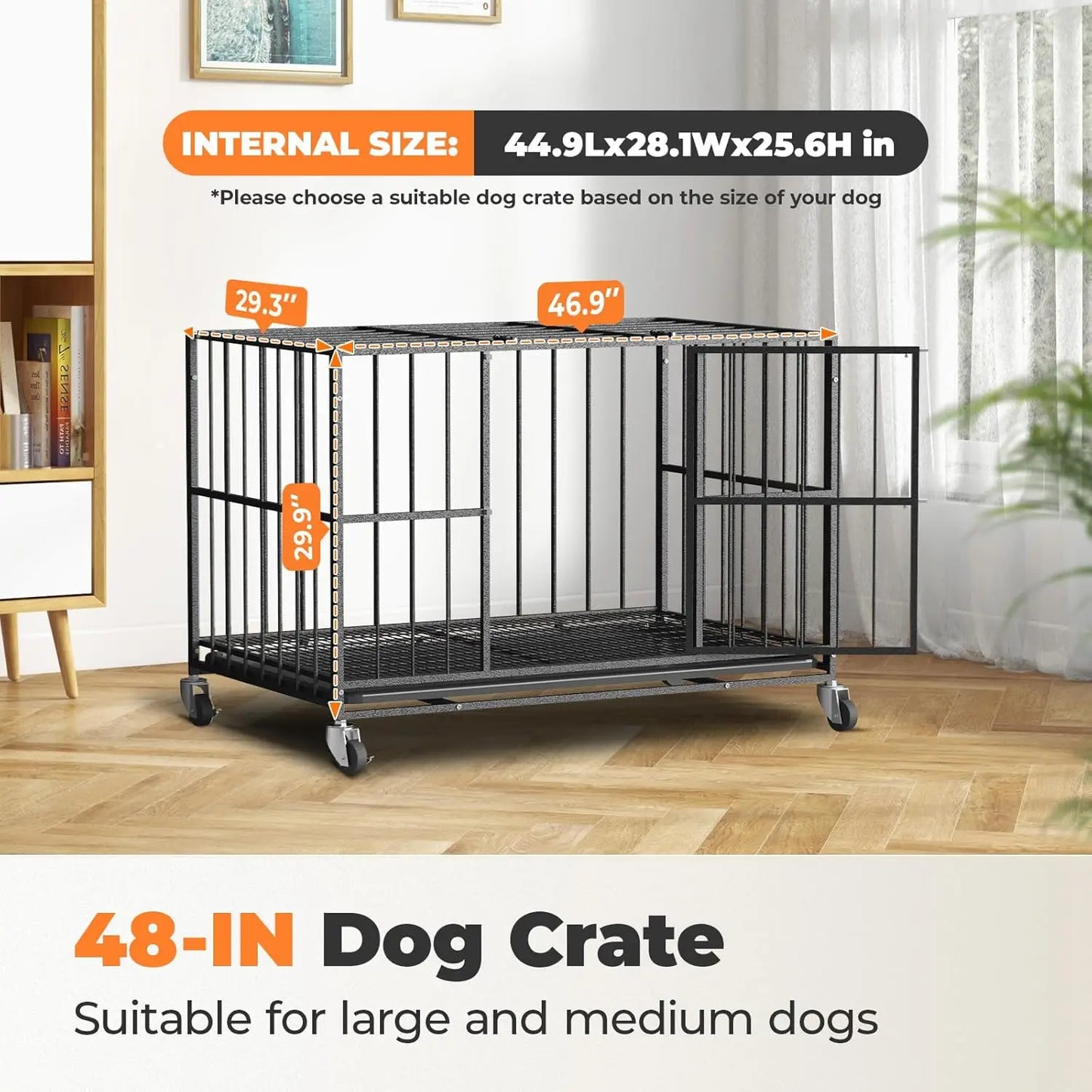 48 Inch Heavy Duty Dog Crate, Steel Escape Proof Indoor Double Door Cage with Removable Tray and Wheels for Large Dogs