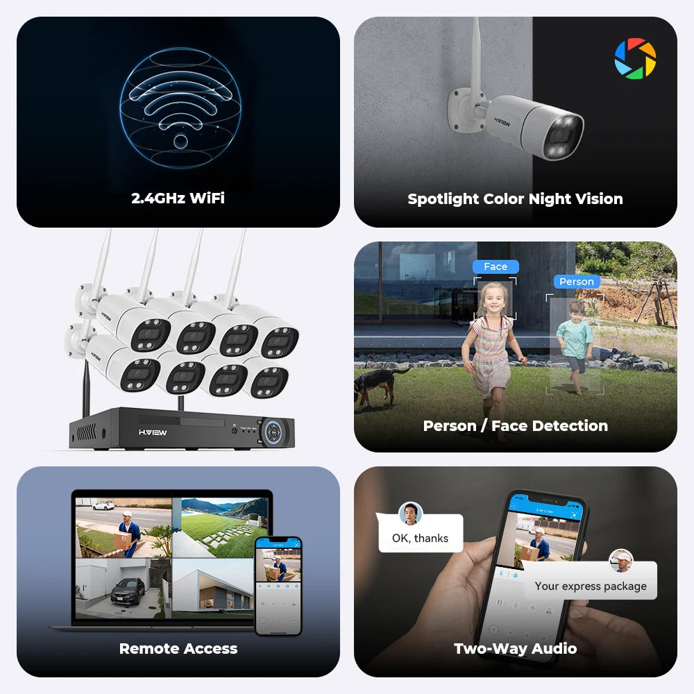 H.view 8CH 5MP Wireless 2.4GHz Wifi Camera Security System CCTV Camera Video Surveillance Kit NVR Indoor Outdoor Two-Way Audio
