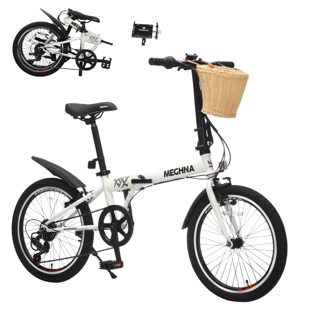 20 Inch Folding Bike for Adults with Basket, Phone Holder & Fenders, 6-Speed Steel Frame City Commuter, Dual V-Brake Portable Compact Bicycle for Men & Women